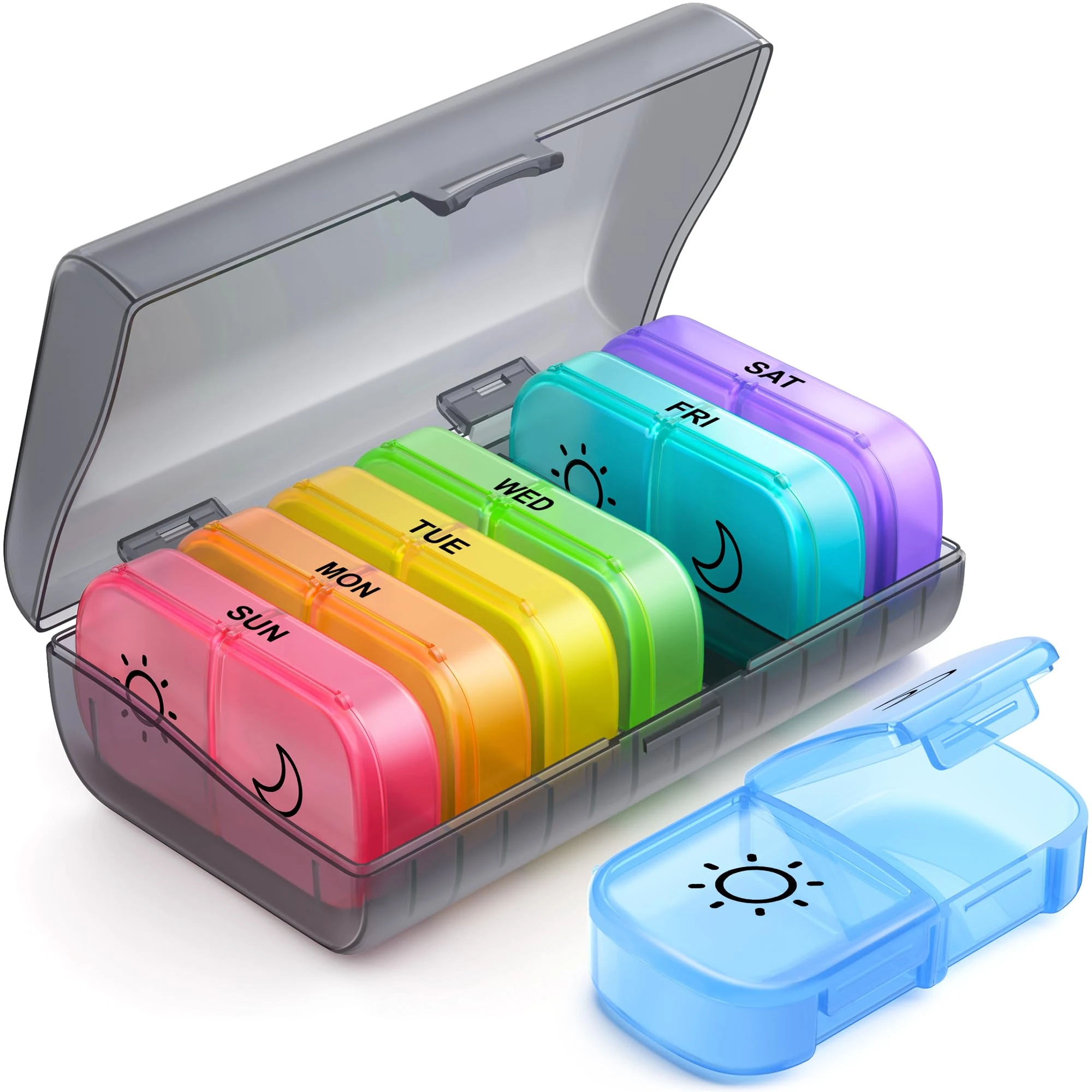 AUVON Pill Box Organiser, XL Weekly Pill Box 7 Day 2 Times a Day with One-Side Large Opening Design for Easy Filling, Tablet Organiser with Black Privacy Protection for Medication/Vitamins/Fish Oils