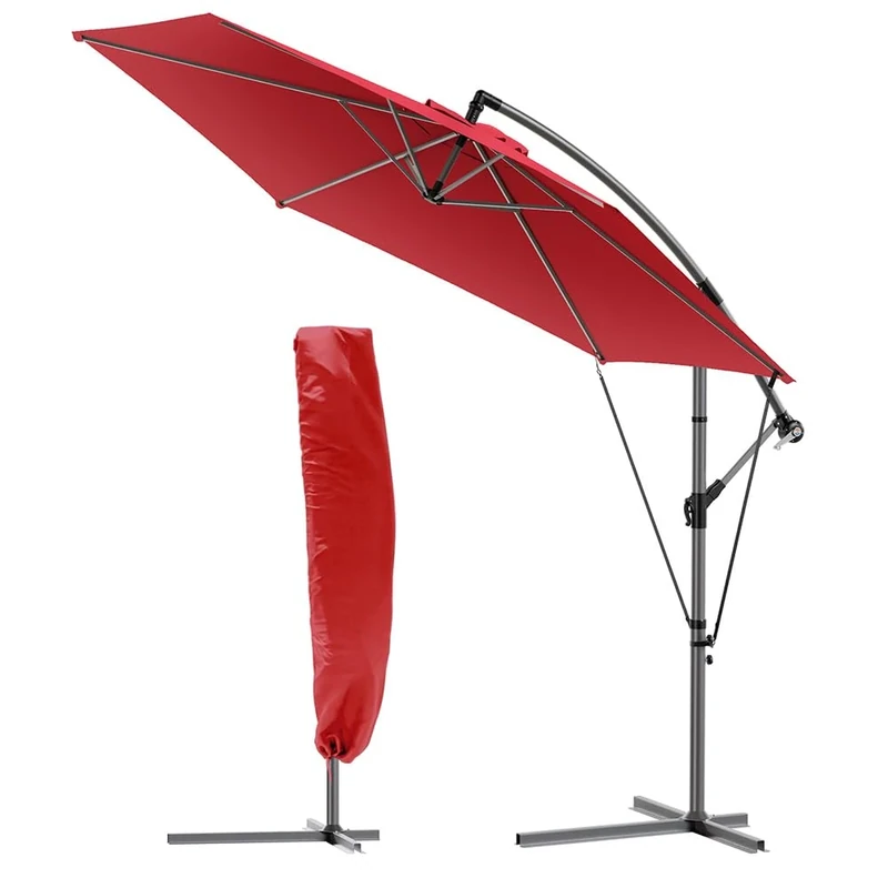 VOUNOT® 3m Cantilever Garden Parasol, Banana Patio Umbrella with Crank Handle, Wind Protection Strap and Tilt for Outdoor Sun Shade, Red