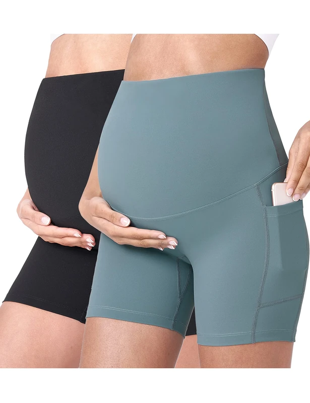 POSHDIVAH Women's Maternity Yoga Shorts Over The Belly Bump Summer Workout Running Active Short Pants with Pockets 5"/8", Black + Light Green 5", M