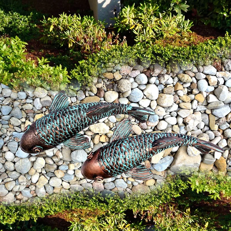 Bronz Antique Ceramic Koi Fish Yard Art Decor - Set of 2 Glowing Garden Fish at Night, Outdoor Patio & Lawn Decor