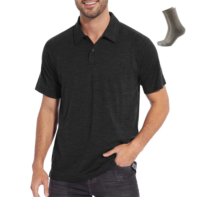 MERINNOVATION Merino Wool Polo Shirt Men - 100% Merino Wool Shirts for Men Short Sleeve Wicking Base Layer, Black-Polo, Medium