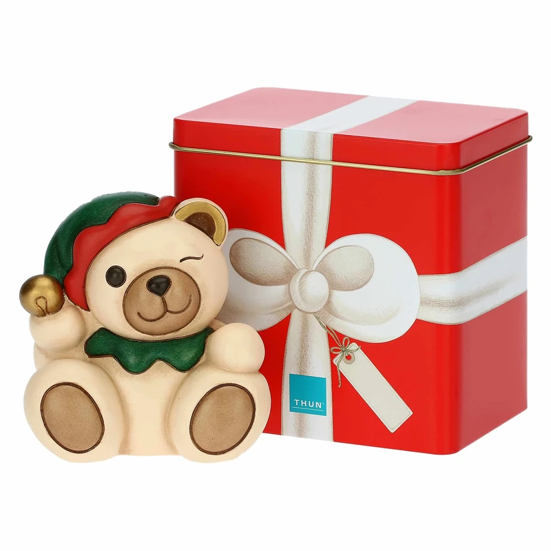 THUN - Christmas 2022 - Teddy Elf Ornament in Ceramic Decorated by Hand Idea 2022 - with Tin Box - 10 x 7.5 x 11.5 cm h