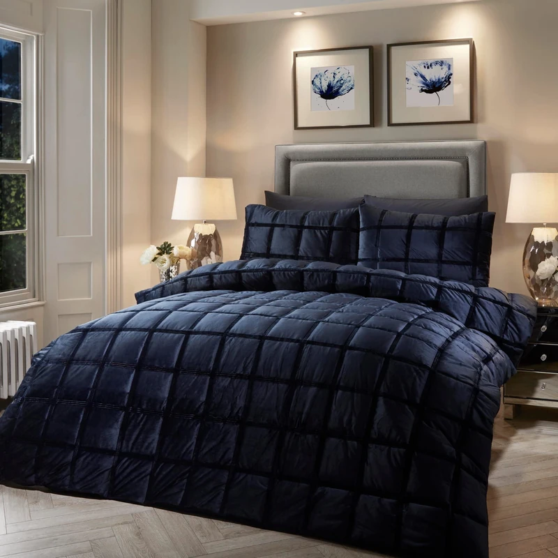 Soiree Square Velvet Duvet Cover Set King 230 x 220cm – Navy Blue Box‑Stitched Velvet Bedding, Soft Touch Polyester, Includes 2 Pillowcases