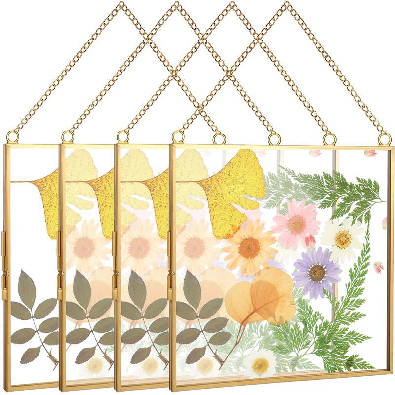 4 Pieces Double Glass Frame 6 x 6 Inch Clear Hanging Photo Frame Floating Square Pressed Flower Frames with Chains for Photo Display Dried Flowers Picture Plants Specimen Wall Decor, Gold