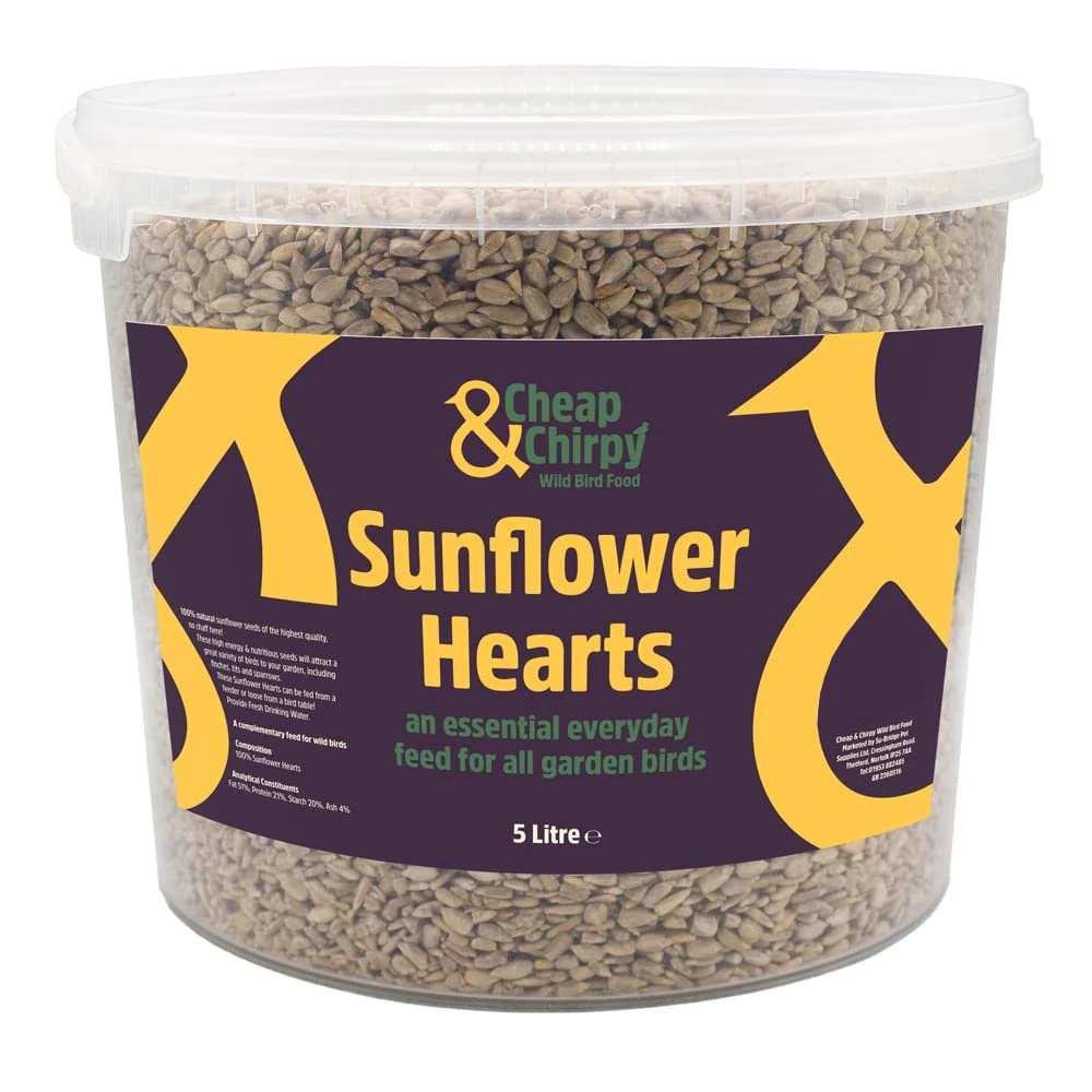 Cheap & Chirpy Wild Bird Sunflower Hearts 5L Tub | Premium Bird Food & Squirrel Feed | No Mess Bird Seed for Garden Birds | Sunflower Seeds for Birds