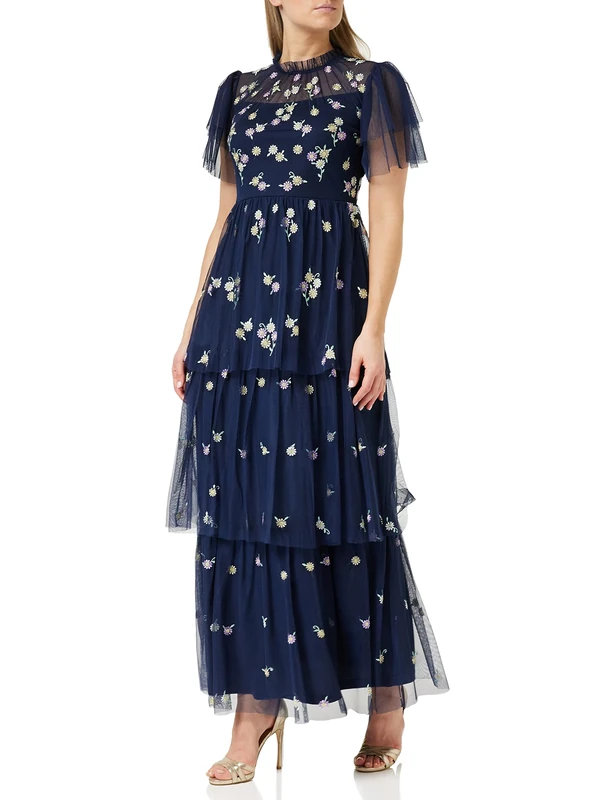 Frock and Frill Women's Floral Embroidered Dress Special Occasion, Navy, 14