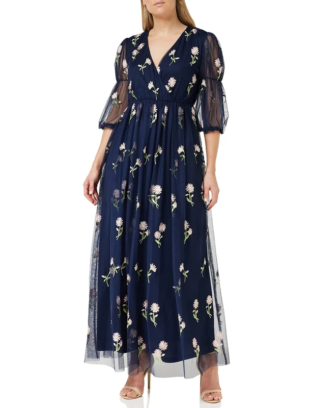 Frock and Frill Women's Floral Embroidered Dress Special Occasion, Navy, 14