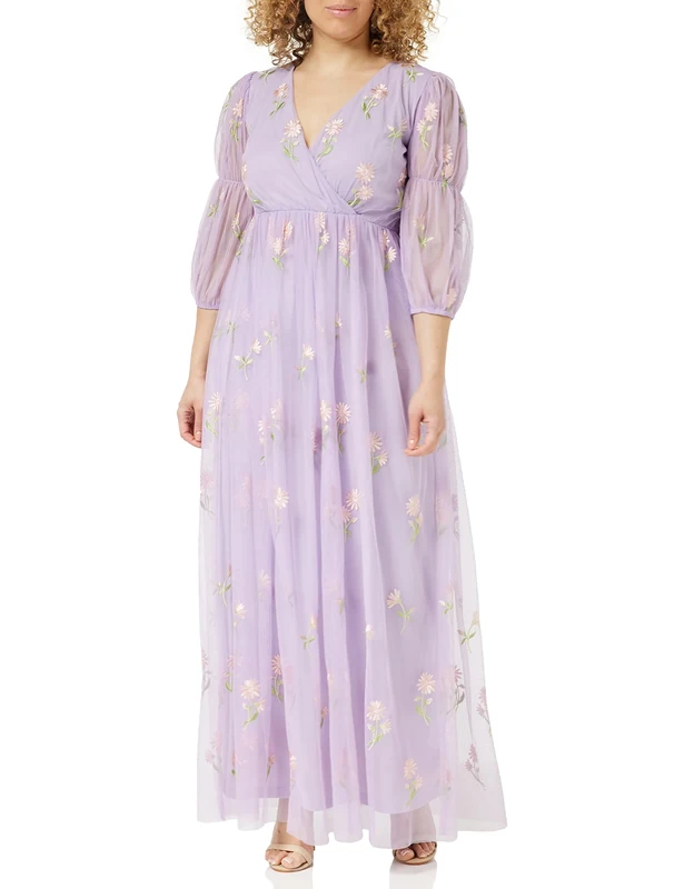 Frock and Frill Women's Floral Embroidered Dress Special Occasion, Lilac, 14