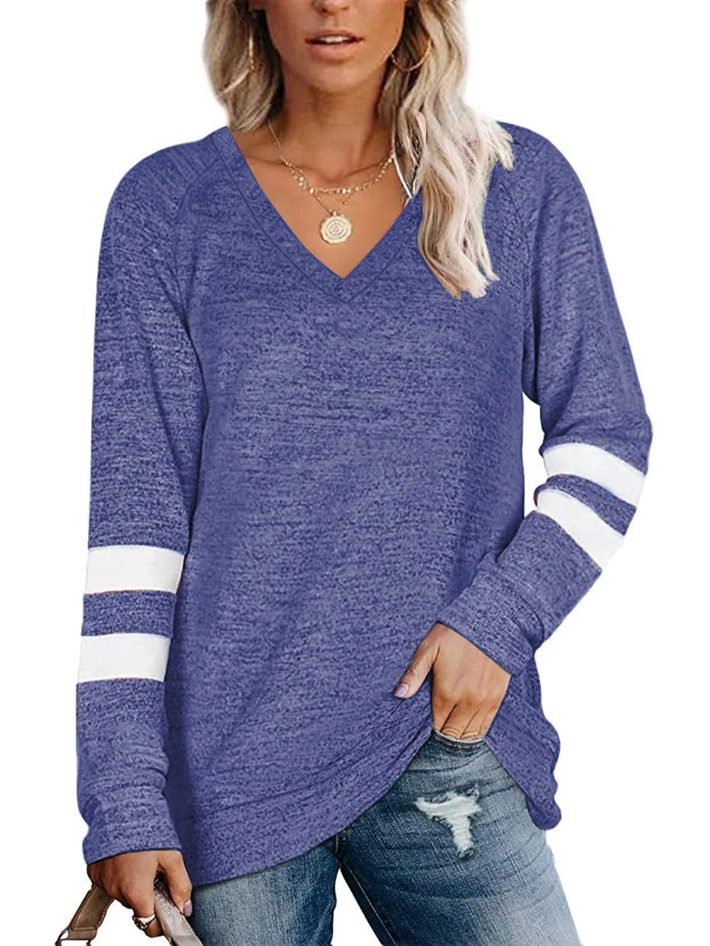 Famulily Womens Fall Tops Long Sleeve V-Neck Striped Shirts Loose Casual Blouse Tee Wear Alone Blue M