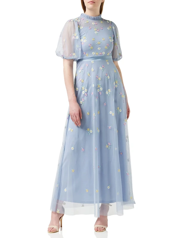 Frock and Frill Women's Floral Embroidered Dress Special Occasion, Blue, 10