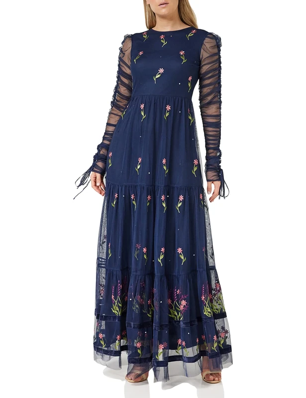Frock and Frill Women's Floral Embroidered Dress Special Occasion, Navy, 10