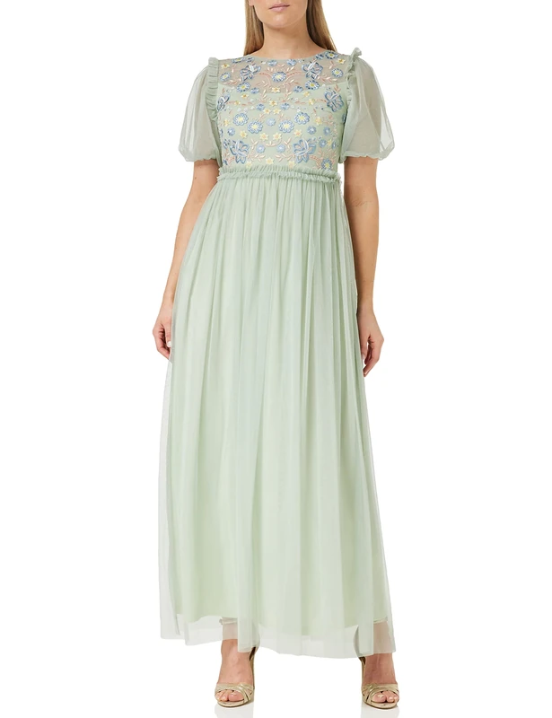 Frock and Frill Women's Floral Embroidered Dress Special Occasion, Sage, 12