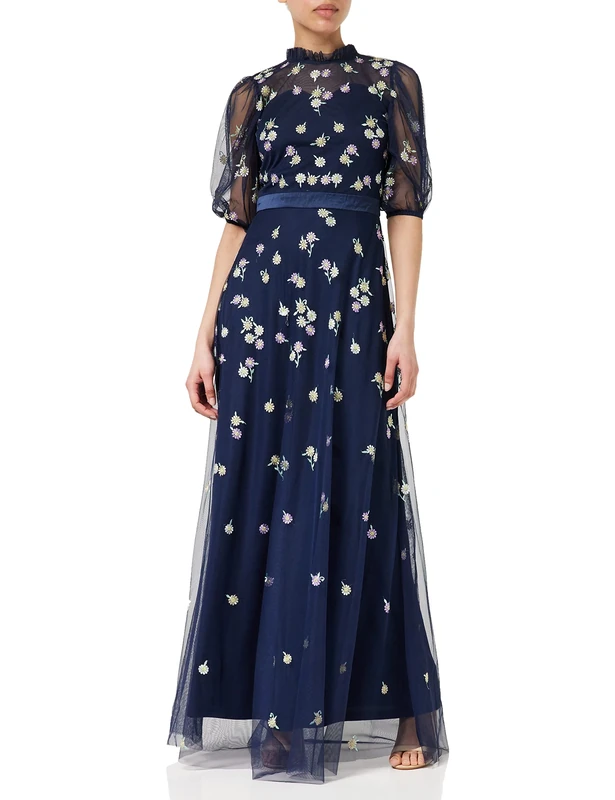 Frock and Frill Women's Floral Embroidered Dress Special Occasion, Navy, 14