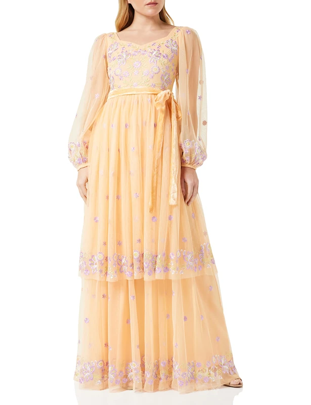 Frock and Frill Women's Floral Embroidered Dress Special Occasion, Almond, 12