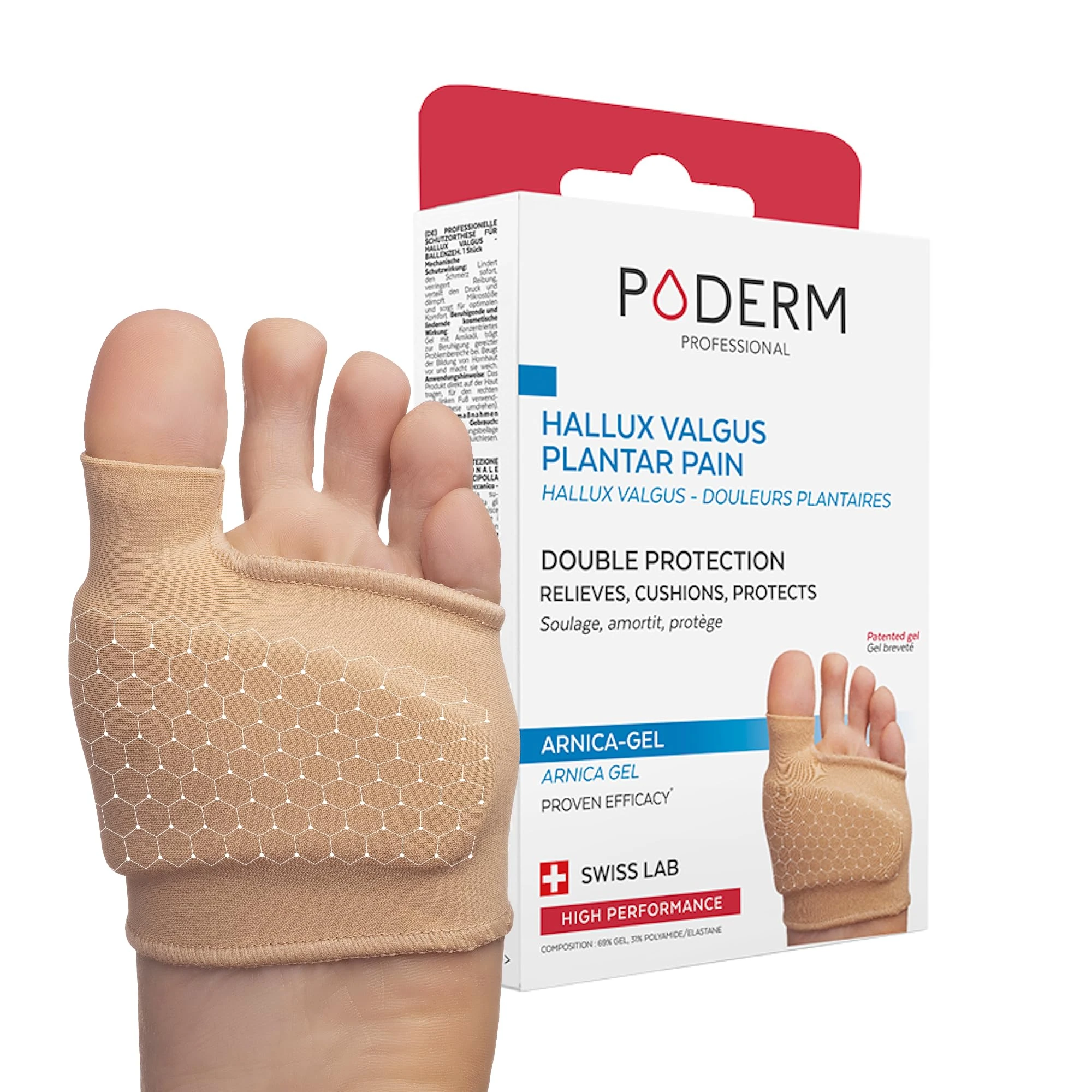 PODERM - BUNION AND PLANTAR PAIN DUAL PROTECTION PATENTED ARNICA GEL - Immediately Cushions and Relieves Pain - Anti-Callus - 100% Natural Actives - Swiss Lab