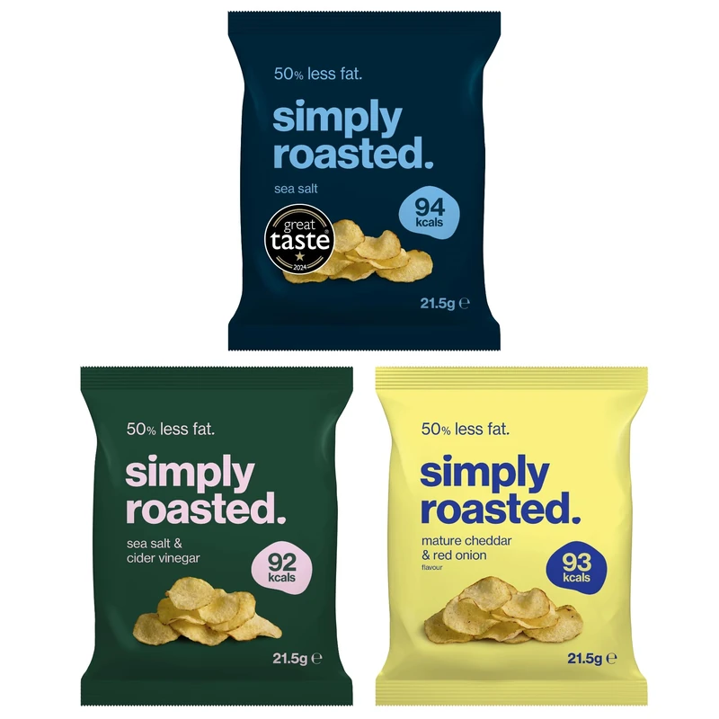 Simply Roasted - Classic Mixed | 24 x 21.5g Impulse Bags | Crowd Favourites | Vegan | 50% Less Fat | Under 99 Calories Per Serve | Triple Cooked for the Ultimate Crunch | Gluten & Allergen-Free