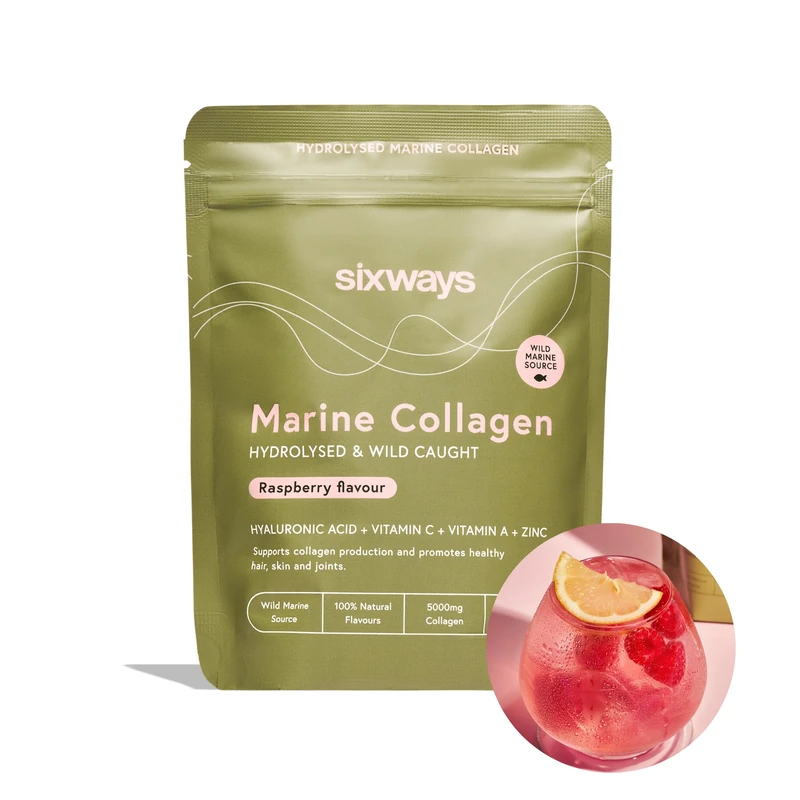 Sixways Wild Marine Collagen Powder, Raspberry Flavour, 28 Servings with Hyaluronic Acid, Vitamin C, Zinc & Vitamin A, Sugar-Free Skin Hair Nails Supplement (182g)