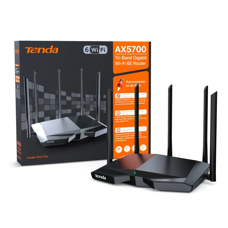 Tenda AXE5700 Tri-Band WiFi 6E Router(RX27 Pro), 6GHz band, High Power 5 * 6dBi Antennas, Wide Coverage, Intelligent Diagnostics, 160MHz Bandwidth, Up to 200 devices