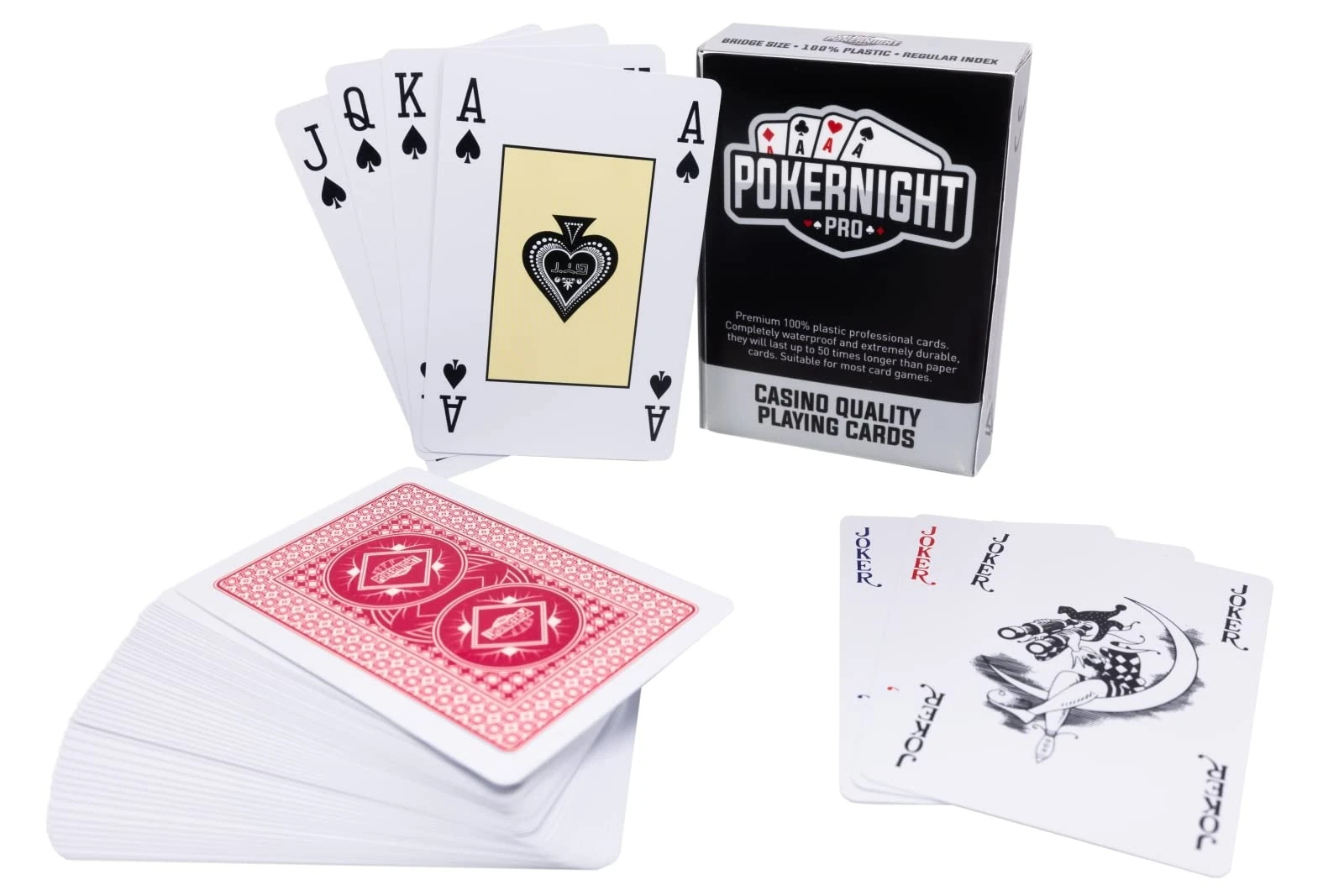 Poker Night Pro Deck of Playing Cards | UK Brand | Plastic 100% Waterproof (Red Backs) | Premium Deck | Bridge Rummy Canasta (3 Jokers)