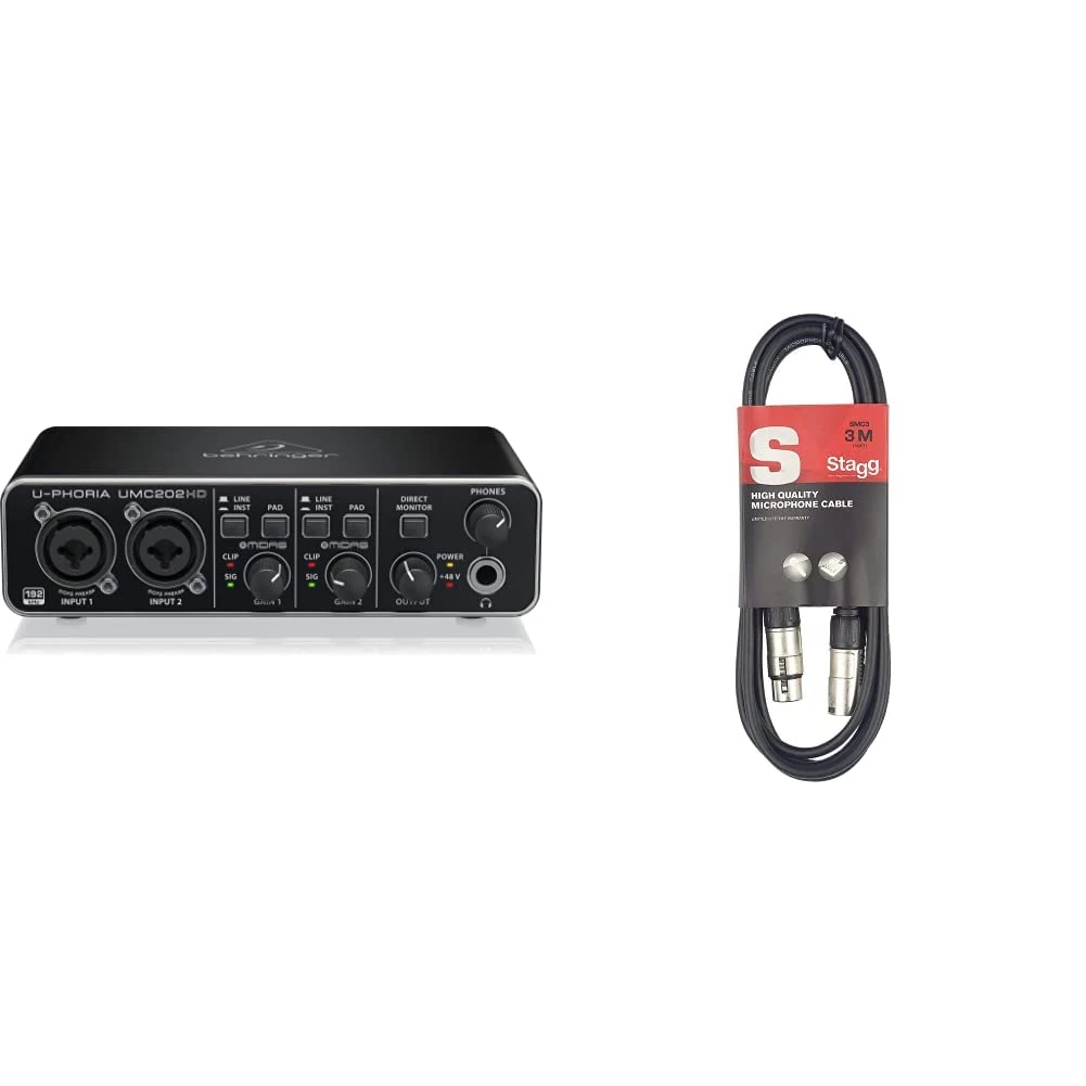 Behringer U-PHORIA UMC202HD Audiophile 2x2, 24-Bit/192 kHz USB Audio Interface with Midas Mic Preamplifiers & Stagg SMC3 3m XLR to XLR Plug Microphone Cable, Black