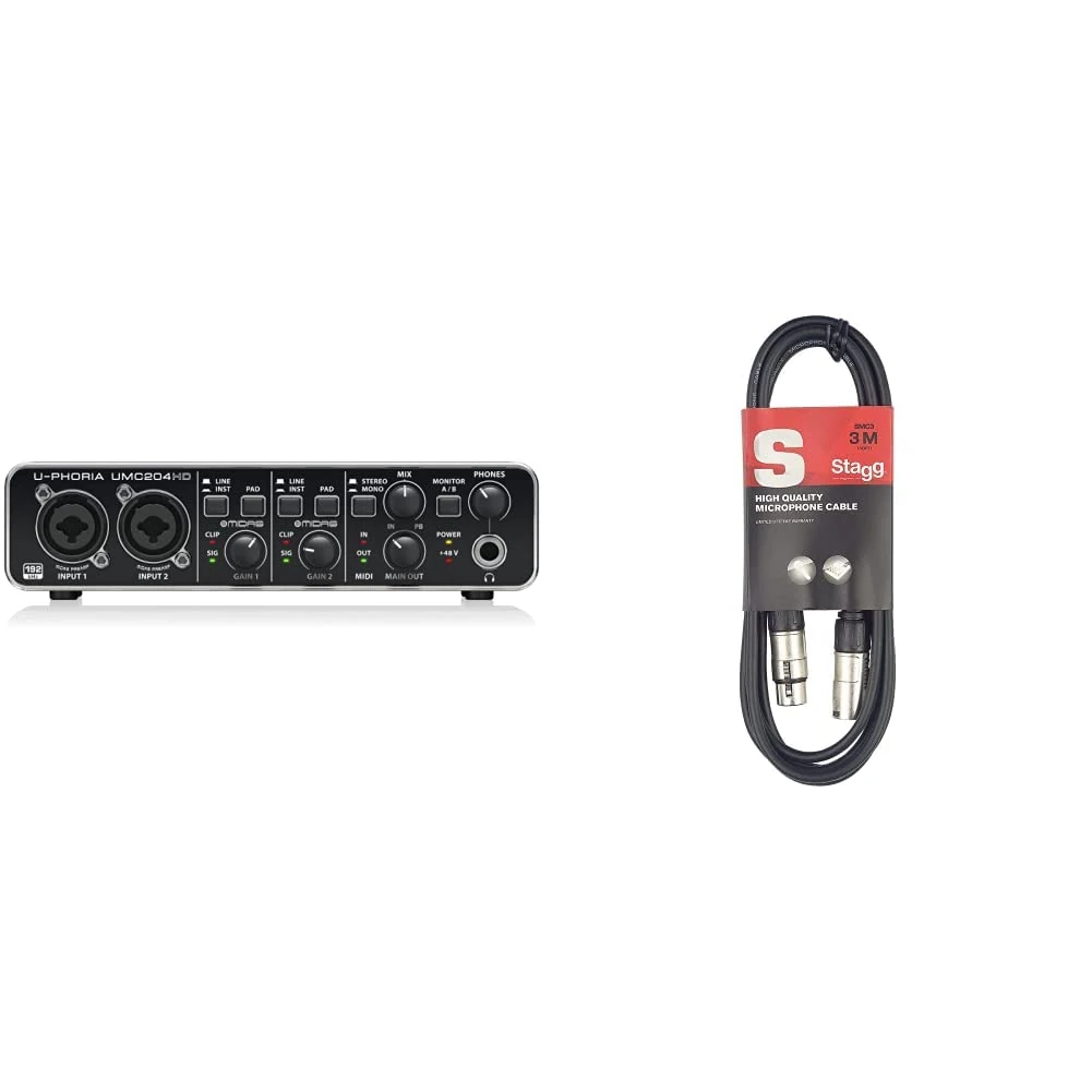 Behringer UMC204HD Audiophile 2x4, 24-Bit/192 kHz USB Audio/MIDI Interface with Midas Mic Preamplifiers & Stagg SMC3 3m XLR to XLR Plug Microphone Cable, Black