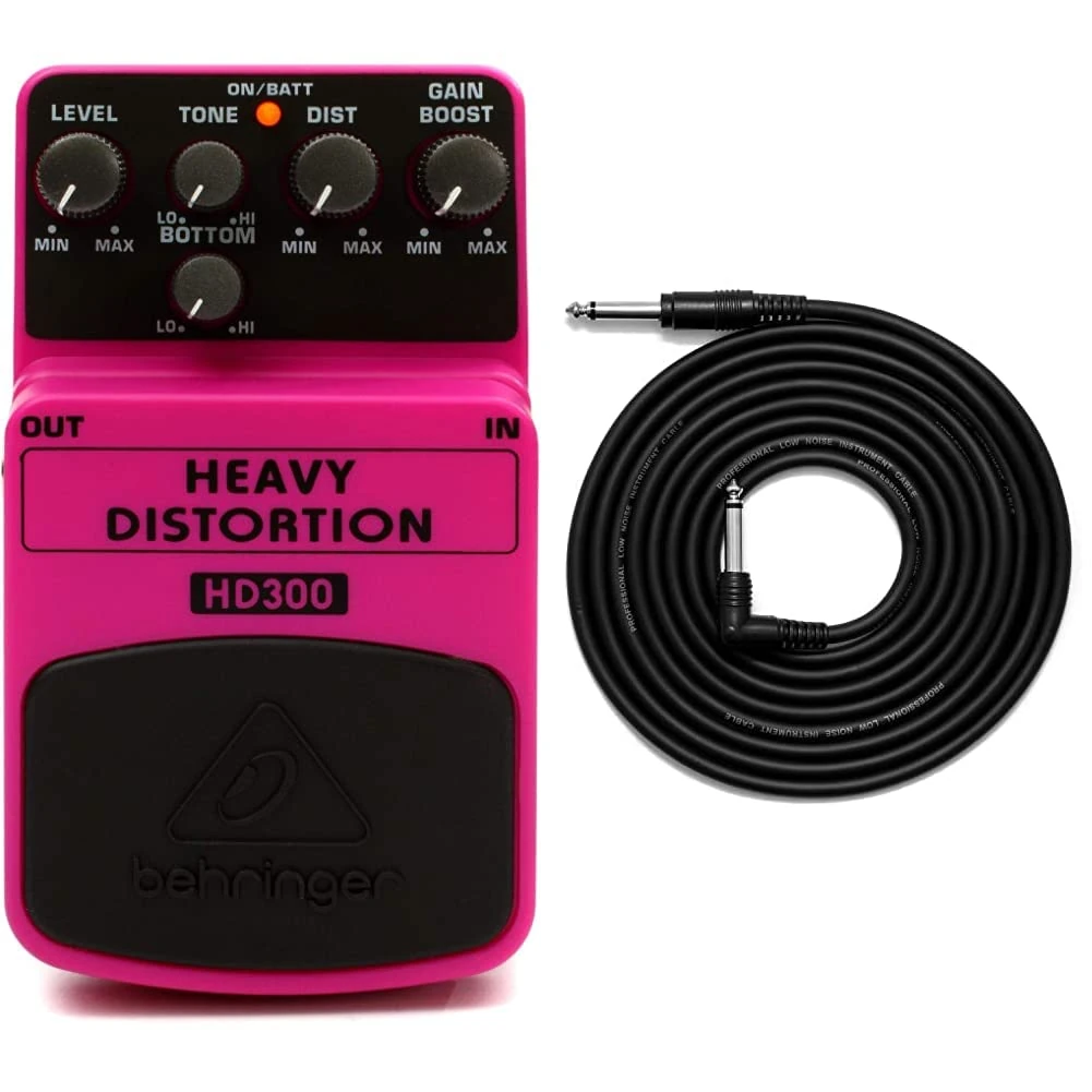 Behringer HEAVY DISTORTION HD300 Heavy Metal Distortion Effects Pedal & TIGER GAC42 Guitar Bass Keyboard E-Drums Lead - Straight/Angled - 6.35mm 1/4" Jacks - 3m Cable
