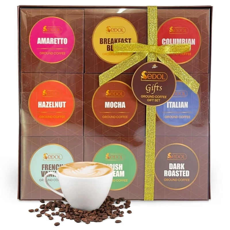 Ground Coffee Gift Set Christmas Hamper – 9 Flavour Gourmet Selection Box for Coffee Lovers with Colombian Amaretto Hazelnut Vanilla Mocha Irish Cream Dark Roast – Festive Gift for Men Women Friends