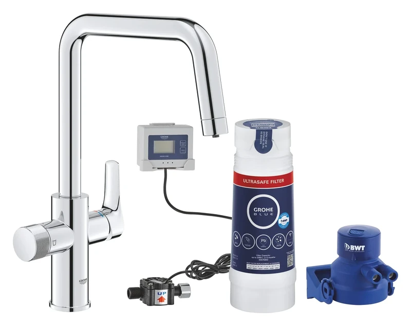GROHE Blue Pure Start – Kitchen Sink Tap Starter Kit for Filtered Water (High U-Shaped 150° Swivel Spout, Under-Sink Activated Filter Set, Separate Inner Water Ways, Easy to Fit), Chrome, 30594000