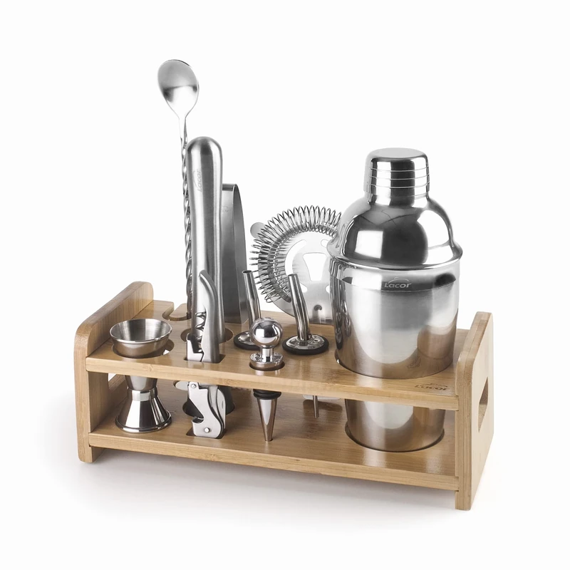 LACOR - 62181 - Cocktail Kit, Shaker, Cocktail Utensils, Portable Design, BPA Free, Bamboo Support, for Professionals and Amateurs, Stainless Steel 18/10, Pack of 10