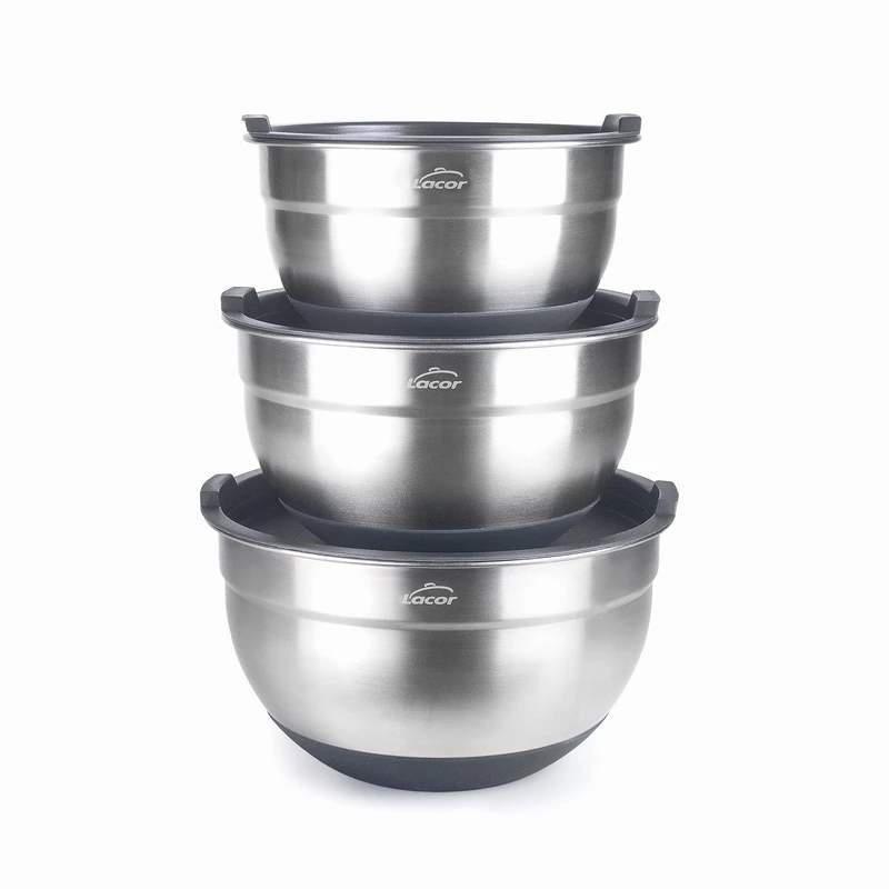 Lacor - 60051 – Set of 3 Stainless Bowls, Bowls, Salad Bowls, Food containers, Including lids, Stackable, Sizes: 20 cm (3 L), 22 cm (3.8 L) and 24 cm (4.8 L)
