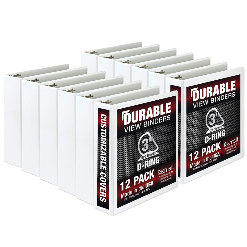 Samsill Durable 3 Ring Binder Made in The USA, 3-Inch D Ring Binder, Holds 625 Sheets, Customizable Clear View Cover, White 12 Pack