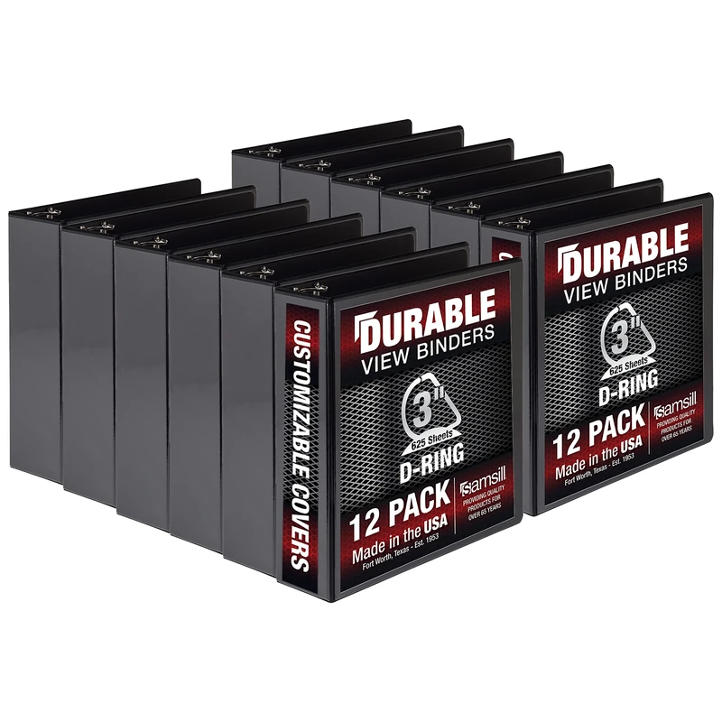 Samsill Durable 3 Ring Binder Made in The USA, 3-Inch D Ring Binder, Holds 625 Sheets, Customizable Clear View Cover, Black 12 Pack