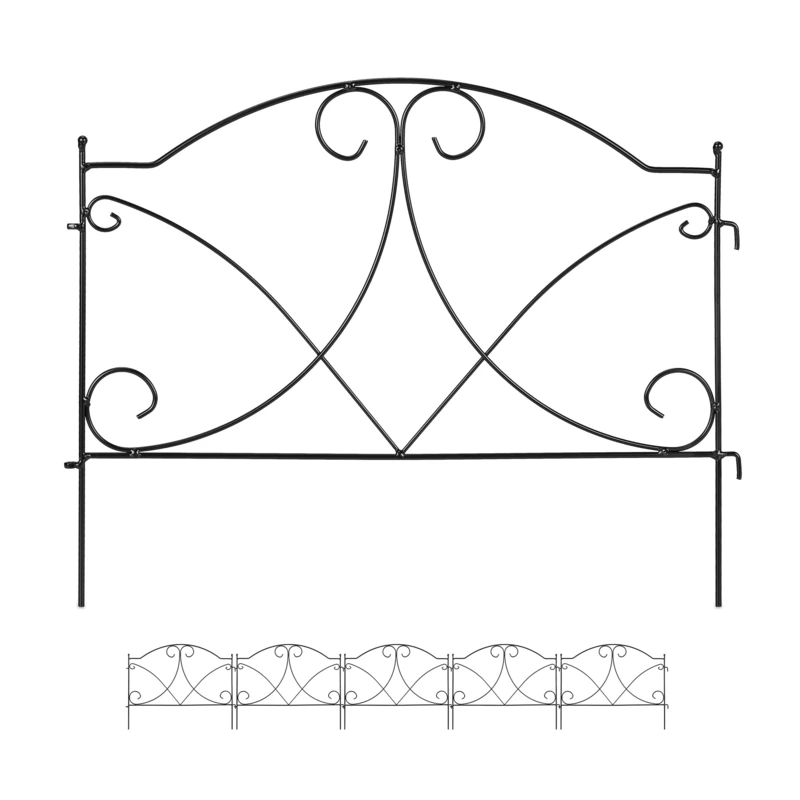 Relaxdays Lawn Edging, H x W: 43 x 55 cm, 6 Components, Garden Flowerbed Border, Push-In, Metal, Vintage Look, Black, Iron - Image 1