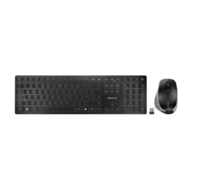 CHERRY DW 9500 SLIM, Wireless Desktop Set, UK Layout (QWERTY), Bluetooth or 2.4 GHz Wireless Connection, Ergonomic Right-Handed Mouse, Black-Grey