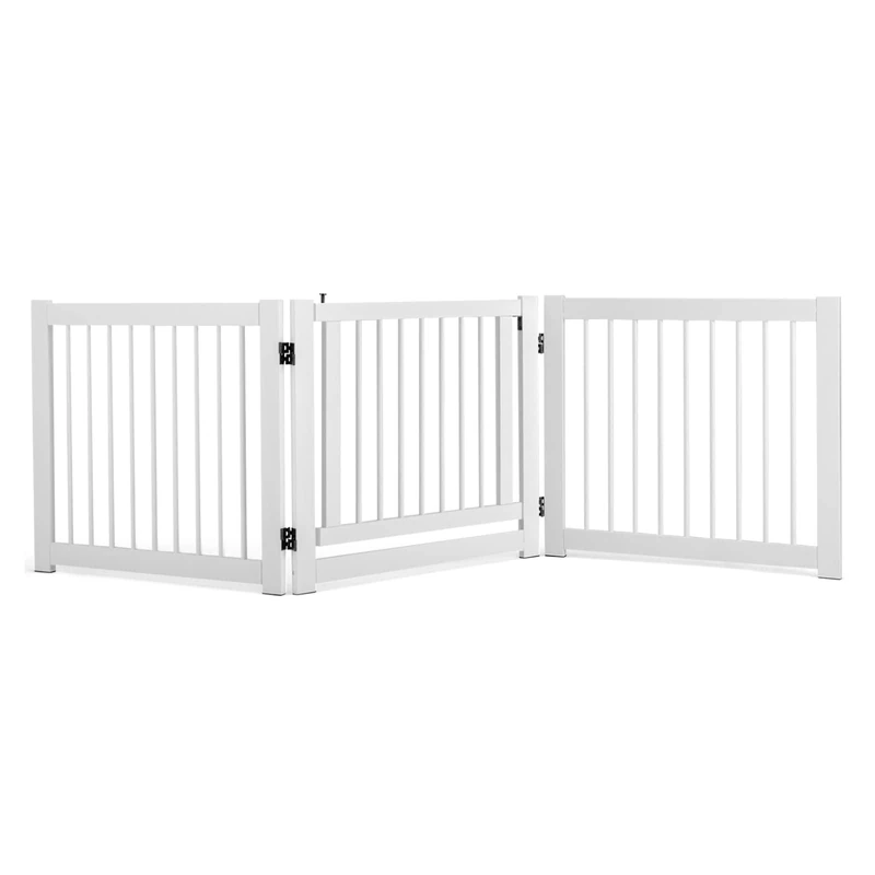 GYMAX Wooden Pet Gate, 3 Panel Folding Dog Barrier with Walk Through Door, Freestanding Tall Pet Safety Fence for Doorway, Stairs and Kitchen (207 x 2 x 61 cm, White)