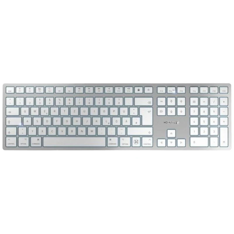 CHERRY KW 9100 SLIM FOR MAC, Wireless Mac Keyboard, German Layout (QWERTZ), Bluetooth or 2.4 GHz RF, Flat Keys, Rechargeable, Silver/White
