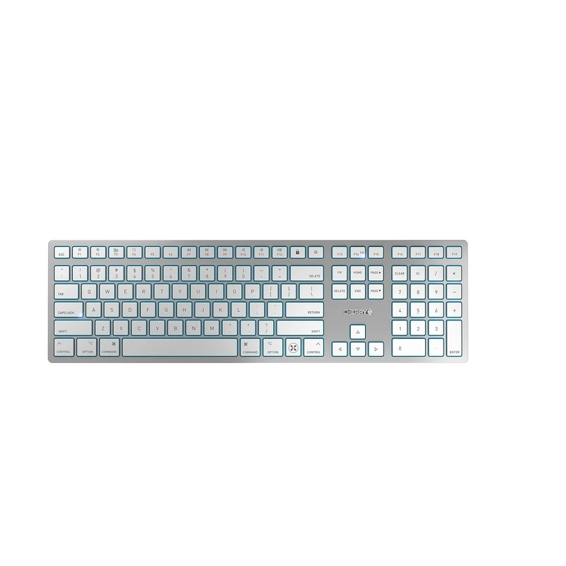 CHERRY KW 9100 SLIM FOR MAC, Wireless Mac Keyboard, US Layout (QWERTY), Bluetooth or 2.4 GHz RF, Flat Keys, Rechargeable, Silver/White