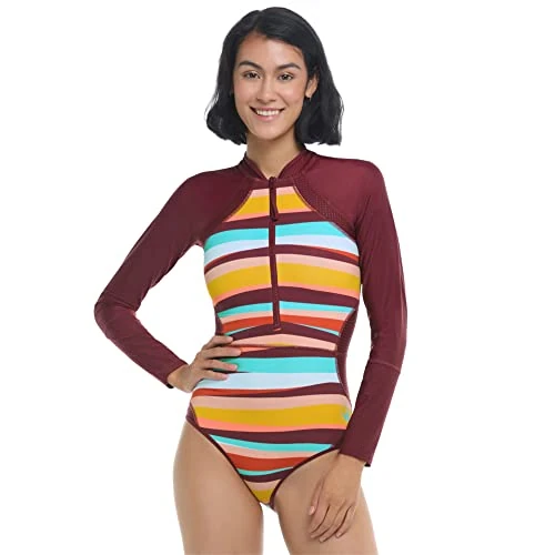 Body Glove Women's Long Sleeve Paddle One Piece Swimsuit with UPF 50, New Wave, Small