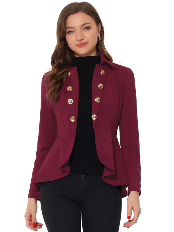 Allegra K Women's Casual Jacket Steampunk High Low Hem Open Front Long Sleeves Work Peplum Blazer, Burgundy, M