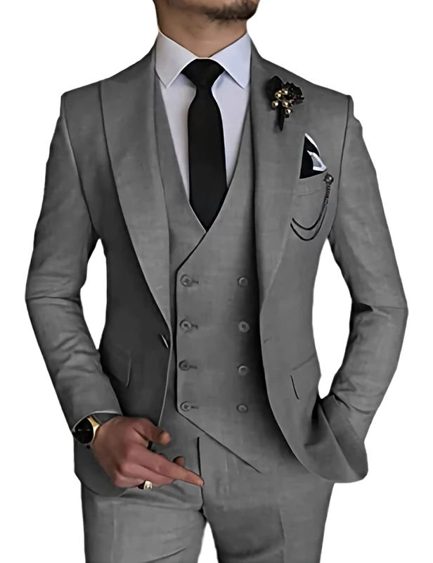 Wangyue Men's 3 Piece Slim Fit Suit Double Breasted Suit Men Formal Suit for Wedding Prom Dinner Party, Solid Grey, M