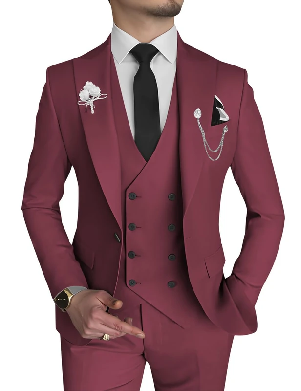 Men's Suit 2 Piece Slim Fit Double Breasted Blazer and Trousers Wedding Groom Tuxedo Peak Lapel Formal Prom Suits, Burgundy red, M