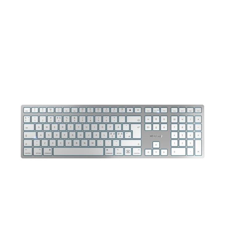 CHERRY KW 9100 SLIM FOR MAC, Wireless Mac Keyboard, Pan-Nordic Layout (QWERTY), Bluetooth or 2.4 GHz RF, Flat Keys, Rechargeable, Silver/White