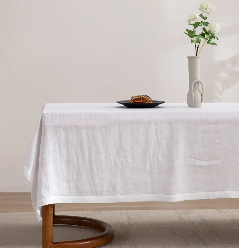 EVERLY Pure Linen Hemstitch Tablecloth,100% Stonewashed French Linen tablecloths for Kitchen Dining Rectangle Tables,60x132Inch Machine Washable Christmas Thanksgiving Organic Tablecloth-White