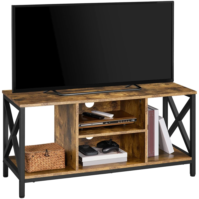 Yaheetech TV Cabinet with 4 Open Storage Shelves Sturdy TV Cabinet TV Board X-shaped Support TV Bench TV Shelf Base Cabinet Coffee Table for Living Room 106 × 40 × 50.5 cm Rust Brown