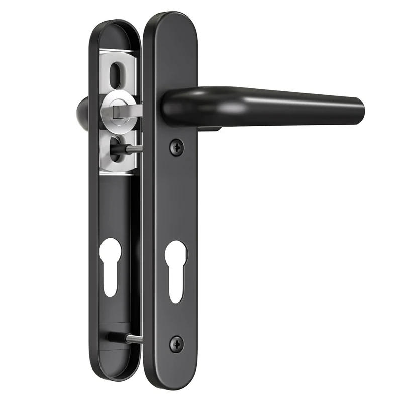 Bwintech 1 Set Black UPVC Door Handle Set, 92mm Backset,122mm Screw Hole Distance, 210mm Plate Length Front Door Handles for UPVC Door