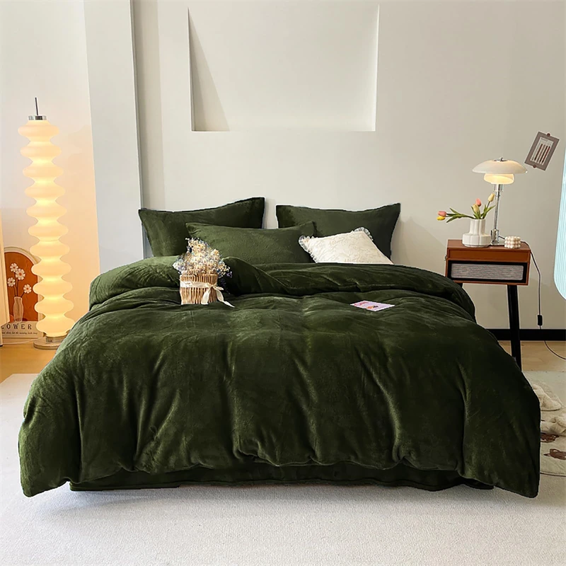 Luxlovery Army Green Velvet Comforter Set California King Dark Green Flannel Bedding Set Solid Bedding Set Thick Soft Breathable Blanket Quilts Winter Comforter Set