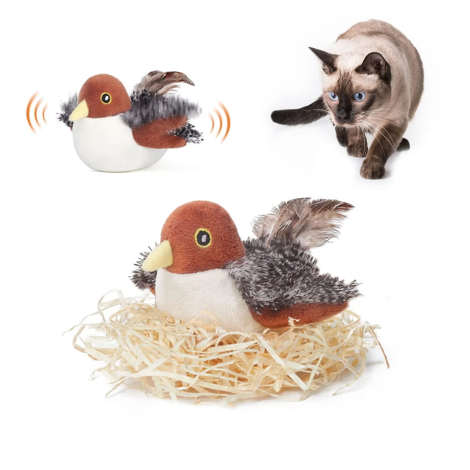 Potaroma Cat Toys Rechargeable Flapping Bird Sparrow, Lifelike Chirp, Touch Activated, Interactive Kitten Exercise for All Breeds with Catnip, 10 cm