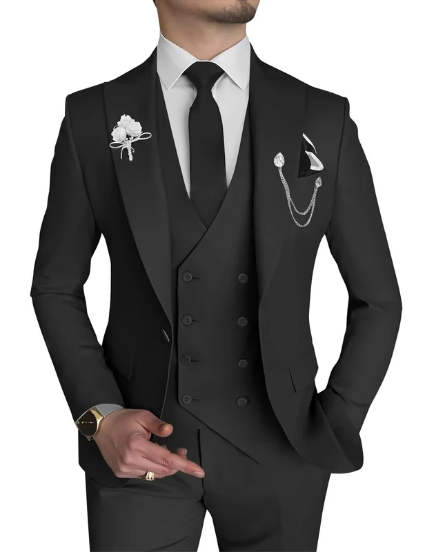 Mens 3 Piece Suit Slim Fit One Button Double Breasted Blazer Vest Pants Set Prom Suits for Men Wedding, Black, X-Large