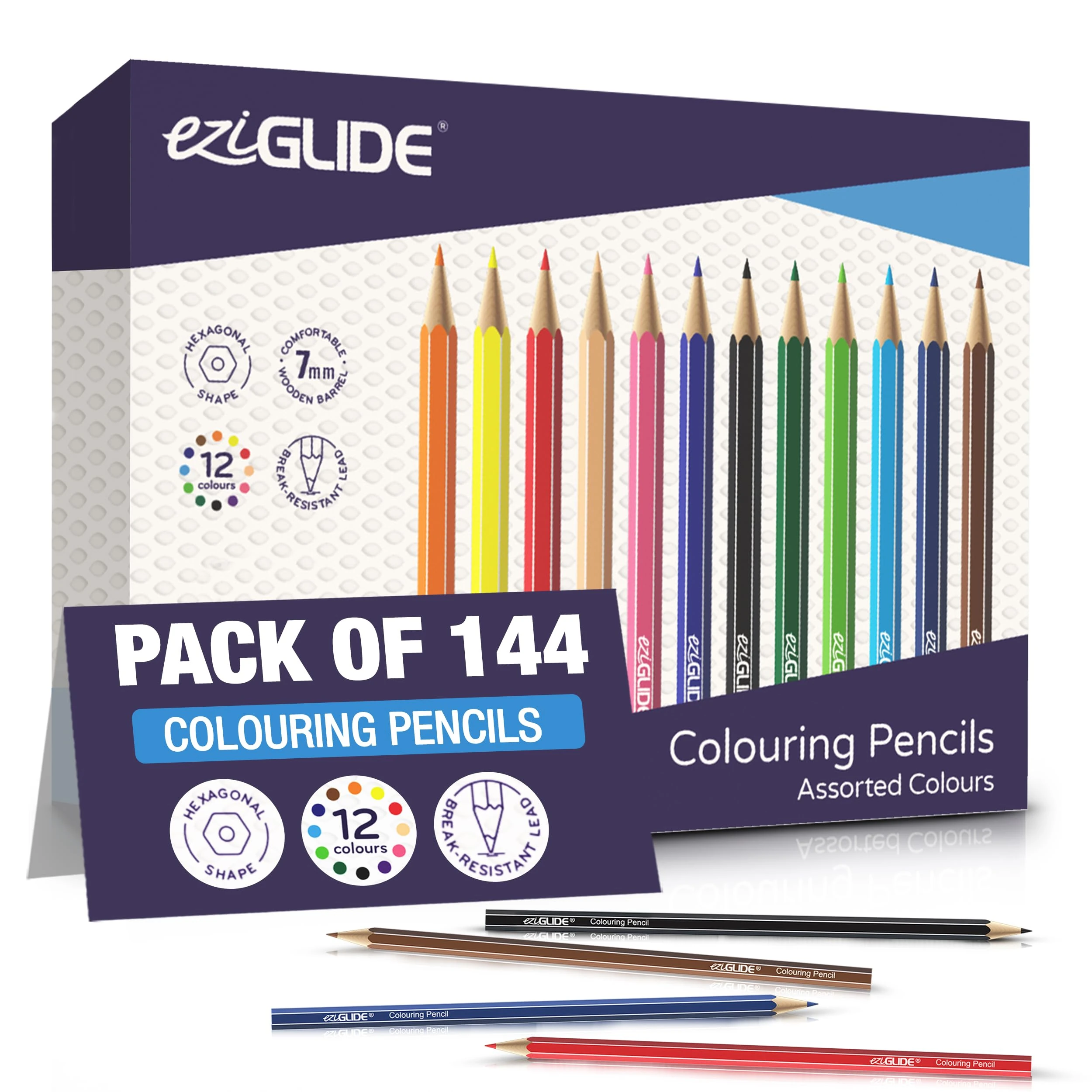 Eziglide Colouring Pencils, Pack of 144 Bulk Pencils Set of 12 Assorted High Pigment Colours, Ideal Colouring Pencil for Adults & Children for use in a Colouring Book, Sketching, Coloring & Drawing