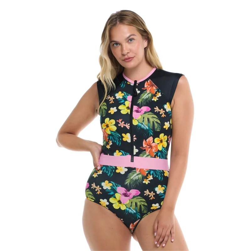 Body Glove Women's Stand Up Zip Front Paddle One Piece Swimsuit with UPF 50, Tropical Island, Small